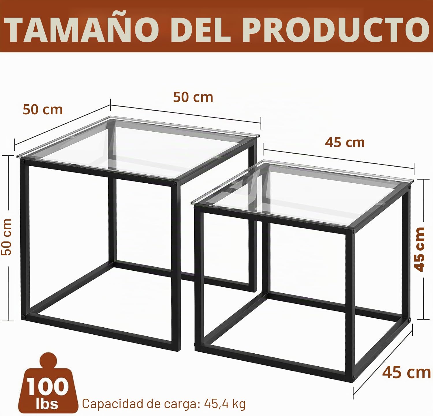 Juego de 2 mesas de centro cuadradas, salón moderno, mesa de café de cristal, auxiliar 50/45 cm, negro