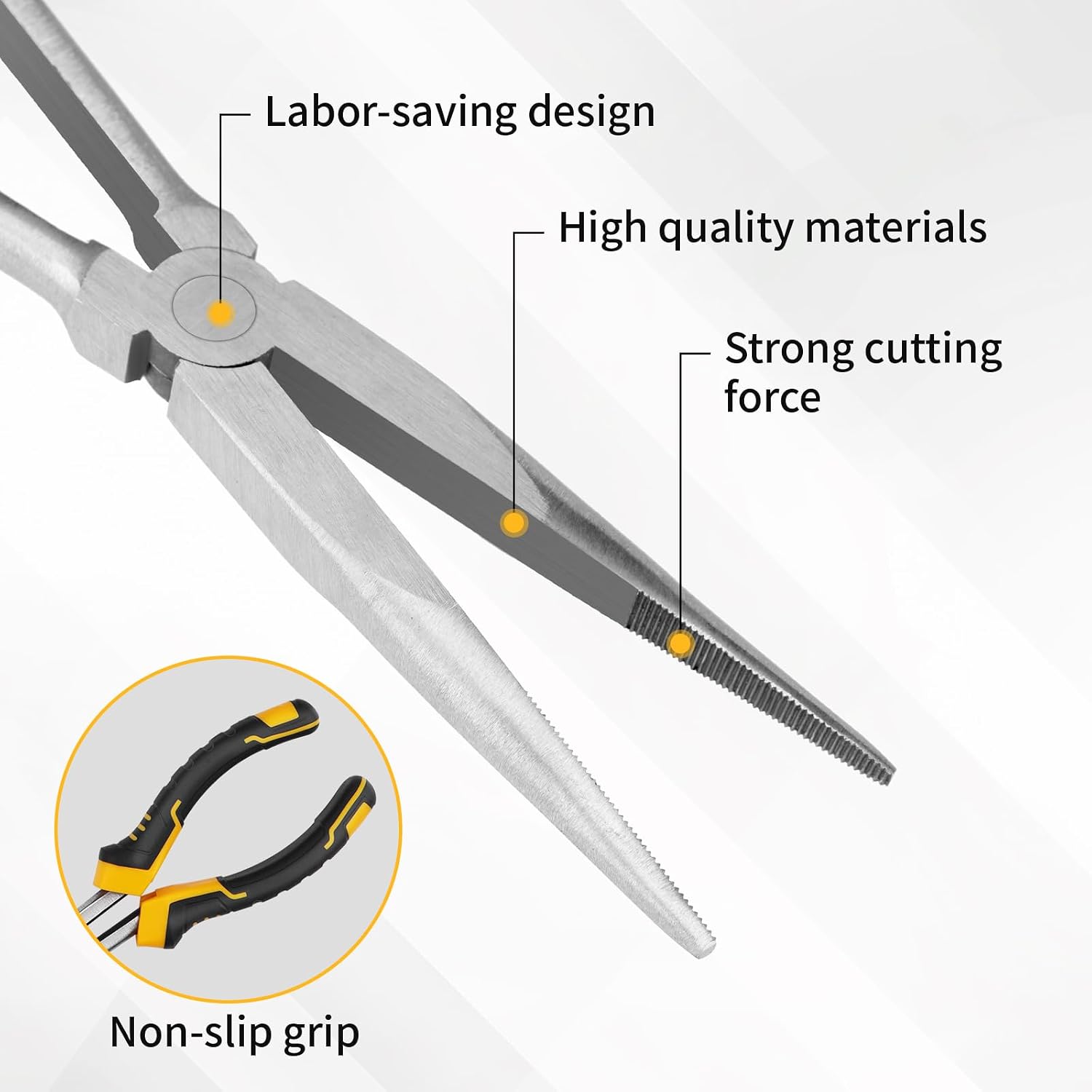 Needle Nose Pliers Set 3 Pcs, 11 Inchs Extra Long Nose Plier Includes Straight Long Reach Pliers, CR-V Steel Needle Nose Plier, 45/90 Degree Bent Nose Pliers
