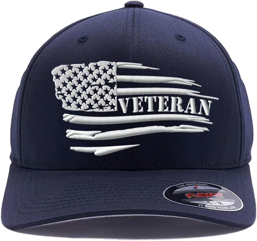 Veteran American Flag Embroidered Flex Fitted Baseball Hat. Custom Embroidered Baseball Cap
