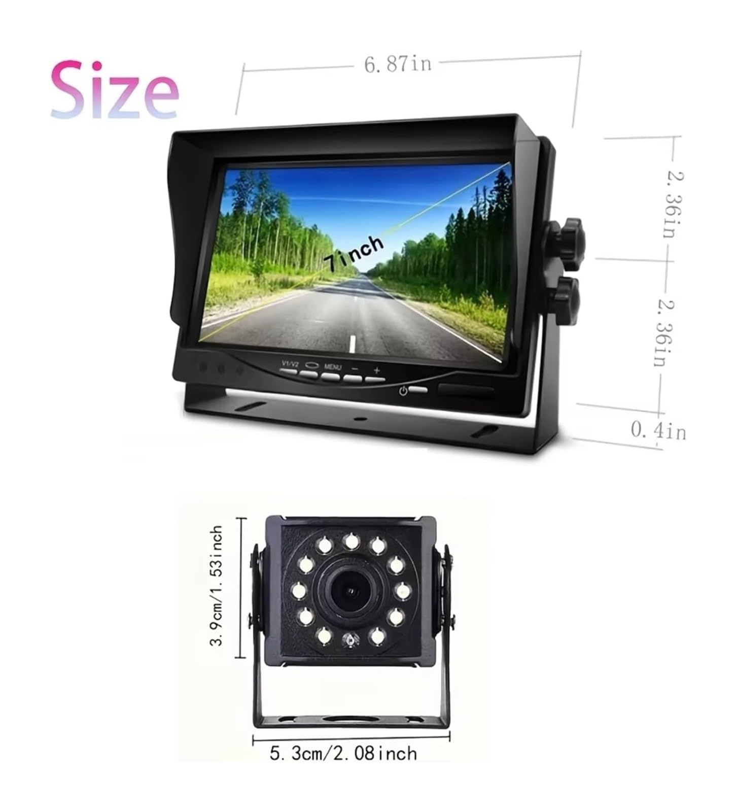 Kit Caméra Recul Filaire avec Écran TFT HD 7 Pouces Haute Résistance Vision Nocturne Grâce 12 LED Infrarouges Voitures Camions Idéal Caméra De Recul Étanche