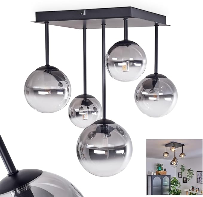 hofstein HOFSTEIN Plafondlamp Chehalis, plafondlamp van metaal/glas in zwart/rookkleuren/helder, lamp in modern retro/vintage design met kappen van glas (Ø 10, 12, 15 cm), 5 x G9, zonder lamp