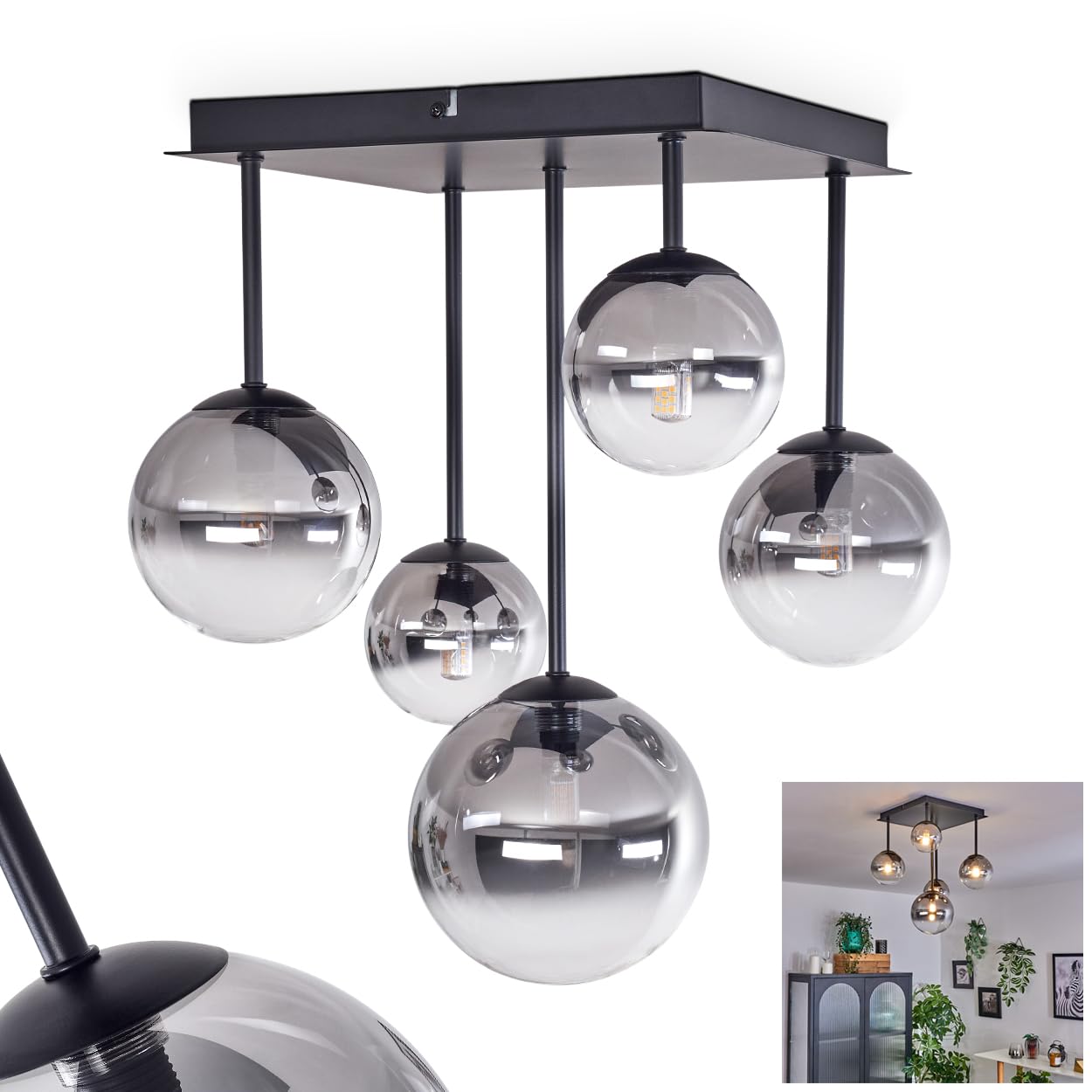 HOFSTEIN Plafoniera Chehalis, lampada da soffitto in metallo/vetro nero/fumo/trasparente, lampada dal design moderno retrò/vintage con ombrelli in vetro (Ø 10, 12, 15 cm), 5 x G9, senza lampadina