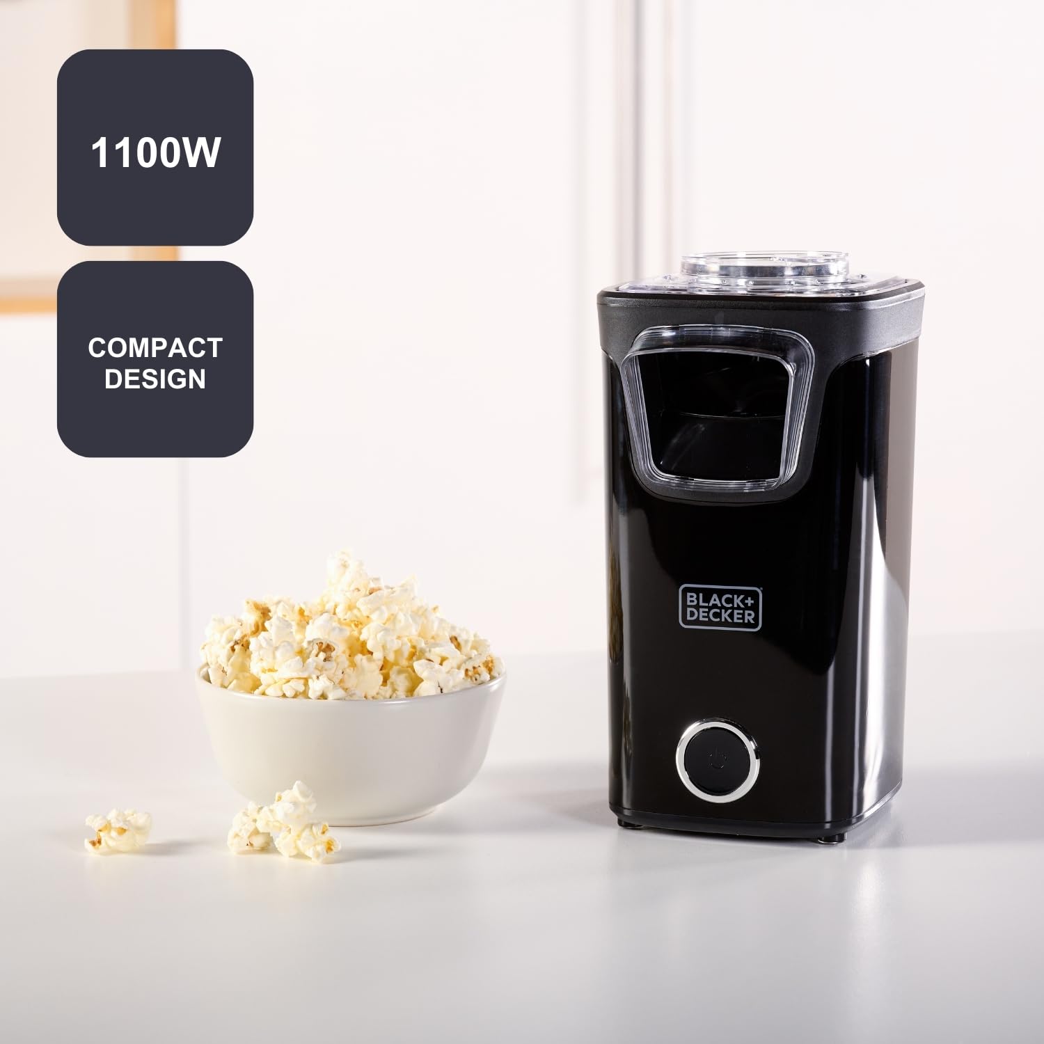BLACK+DECKER BXPC1100E – Popcornmaschine 1100 W | Ohne Öl | Fertig in 3 Min | Heißluft-Technologie | Große Kapazität | Transparenter Deckel | Rutschfester Standfuß | Multifunktionaler Messbecher