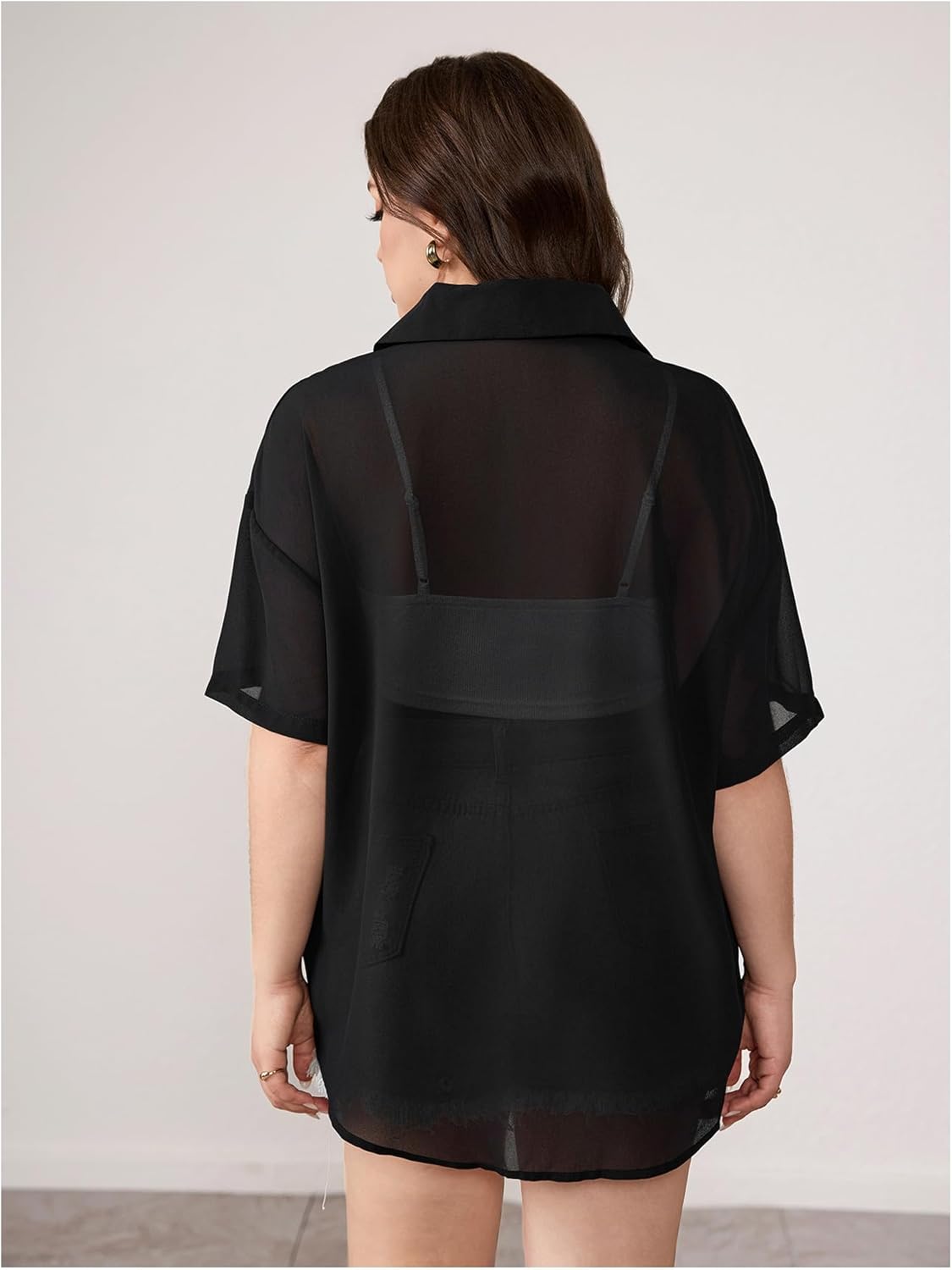 OYOANGLE Women's Plus Size Button Down Sheer Blouse Short Sleeve See Through Collar Mesh Shirts - Image 2
