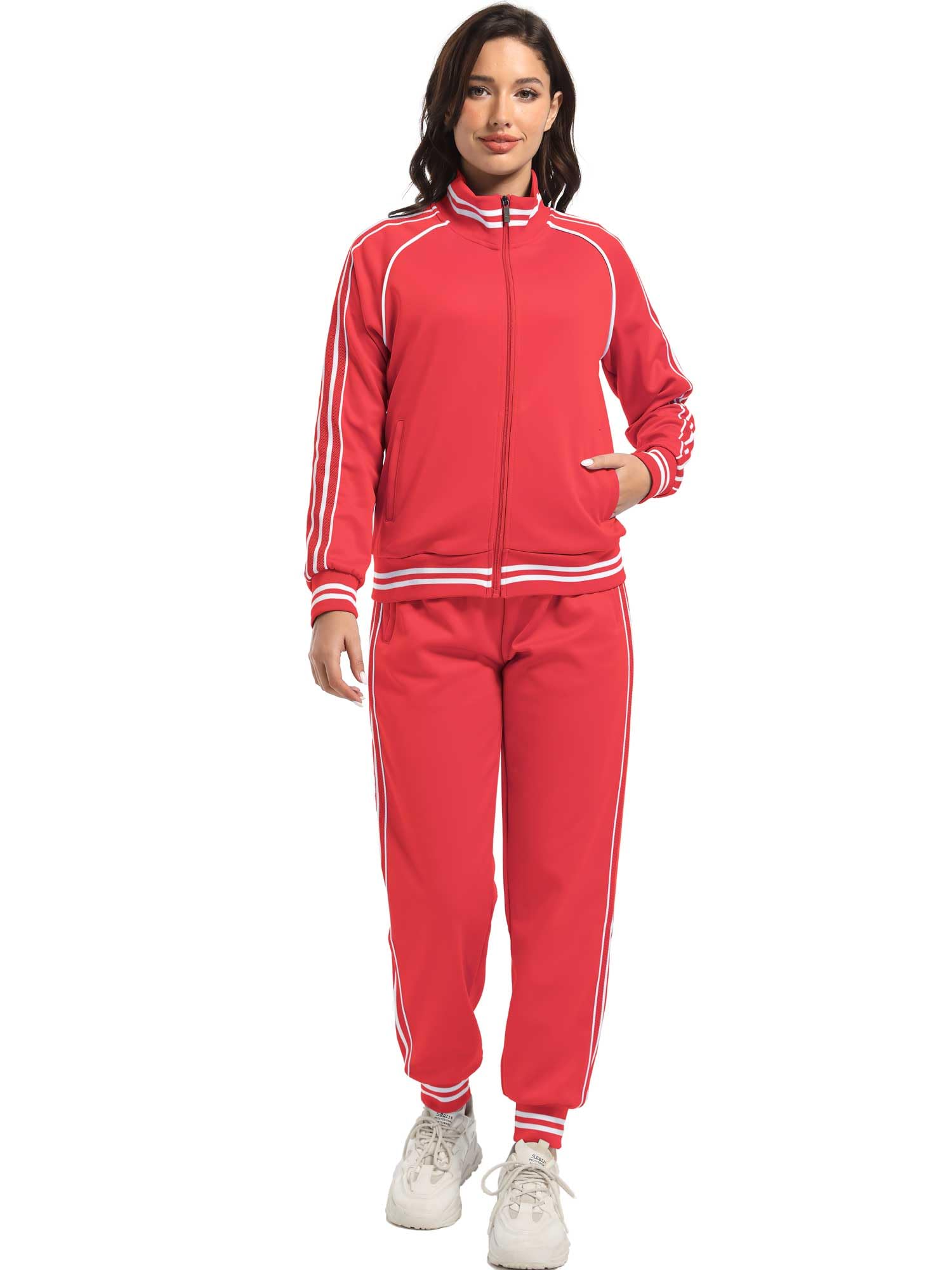ANOTWENER Damski dres treningowy w paski, zestaw 2 sztuk, z zamkiem błyskawicznym, bluza i spodnie dresowe, strój treningowy z kieszeniami