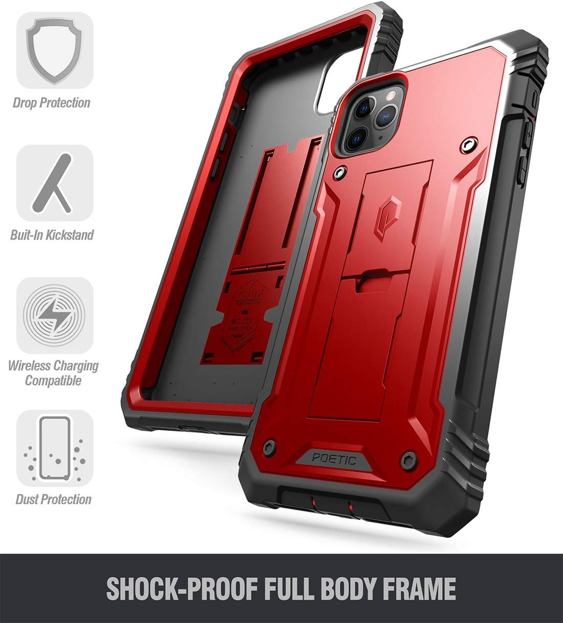 Poetic iPhone 11 Pro Max Rugged Case with Kickstand, Full-Body Dual-Layer Shockproof Protective Cover, Built-in-Screen Protector, Revolution, for Apple iPhone 11 Pro Max 6.5 Inch, Metallic Red