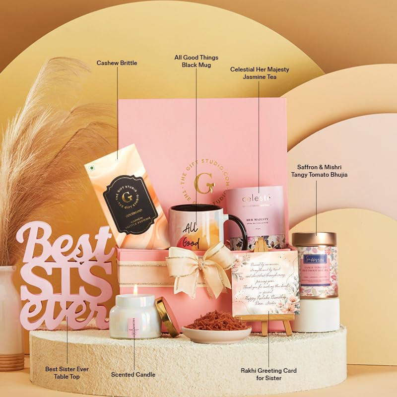 Image of THE GIFT STUDIO.COM | Tea-licious Hamper for Sister | Jasmine Tea, Black Mug, Scented Candle & Rakhi Greeting Card | Raksha Bandhan Gift