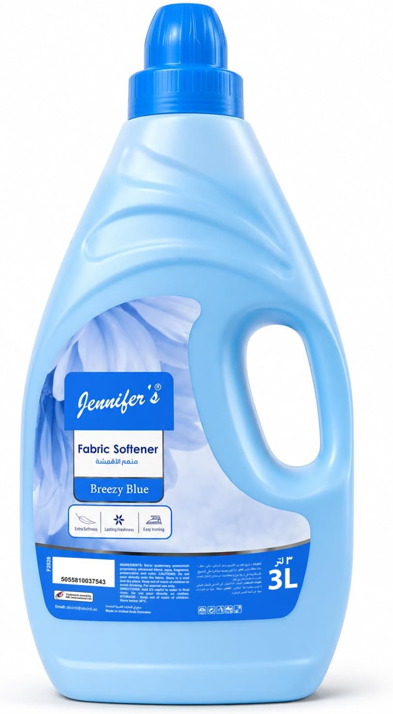 Jennifer's Fabric Softener Breezy Blue 3 Liters - Superior Softening, Long-Lasting Fragrance, Eazy Iron, Gentle on Fabrics