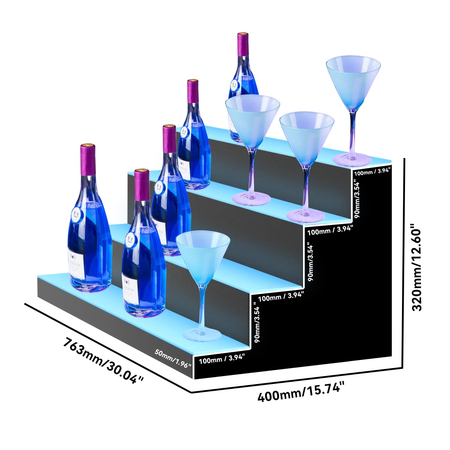 LED illuminato Bottiglia di liquore Mensola di esposizione, 4 livelli 30.04 "X 15.79" X 12.60 " Grande USB illuminato Portabottiglie, Casa Bar Bevande Acrilico Illuminazione Scaffali