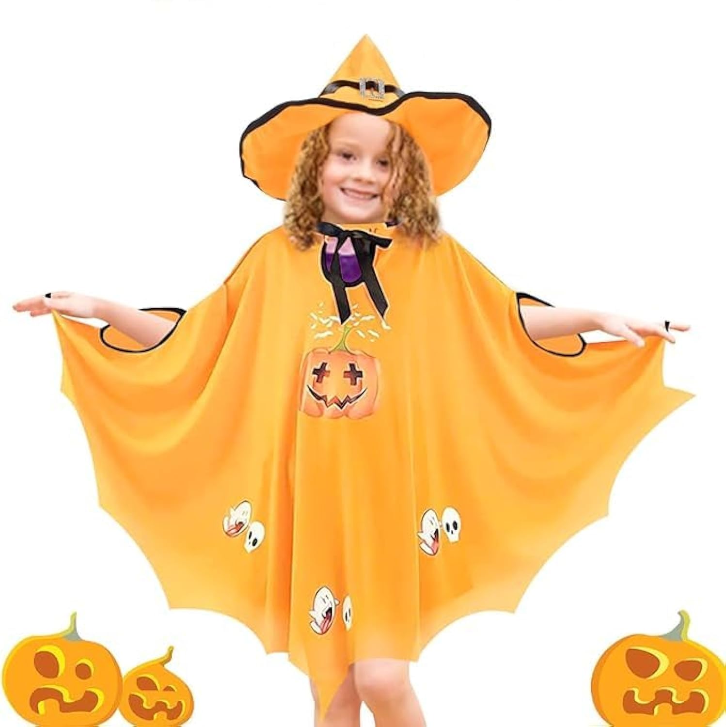 FAM Halloween Costume For Kids - Pumpkin Cape and Hat Costume For Kids, Bat Pumpkin Wizard Cloak Costume Girls, Pumpkin Cloak Costume Set for Halloween Carnival Cosplay, Ideal for height 110-120 cm
