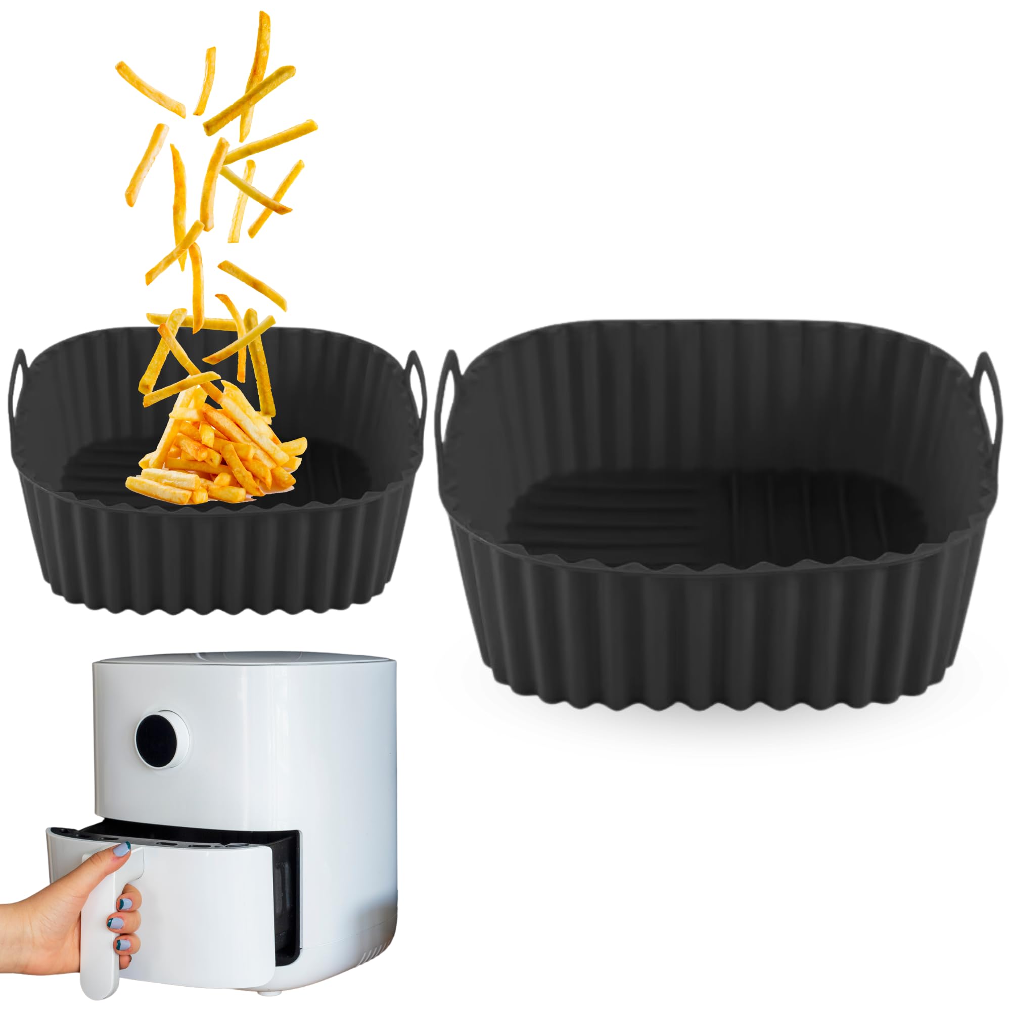 Square Silicone Mould for Air Fryer, Air Fryer Accessories, Square Silicone Fryer Container, Non-Stick, Suitable for 4 to 5 Litre Fryers, Silicone, Black