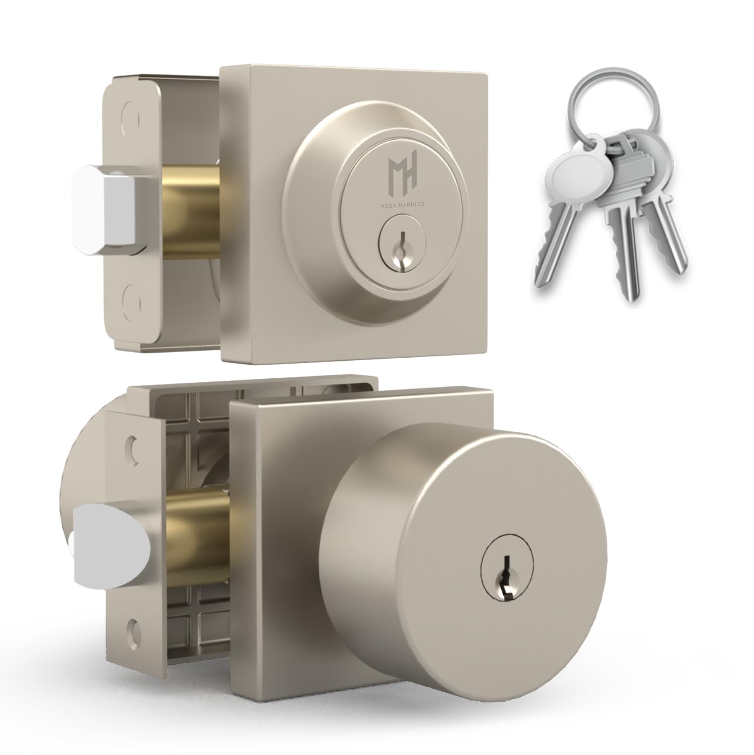 Mega Handles SUANA Entrance Combo, Door Knob and Cylinder Deadbolt and Key Combo, Heavy Duty Locking Door Knobs for Left or Right-Handed Doors – Satin Nickel