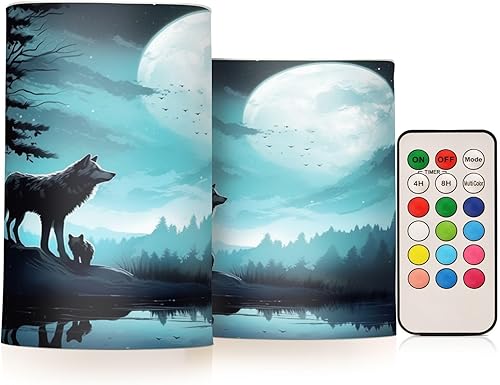 Juego de 2 velas sin llama de noche, luna, lobo, pilar parpadeante LED de plástico con temporizador de control remoto para decoraciones