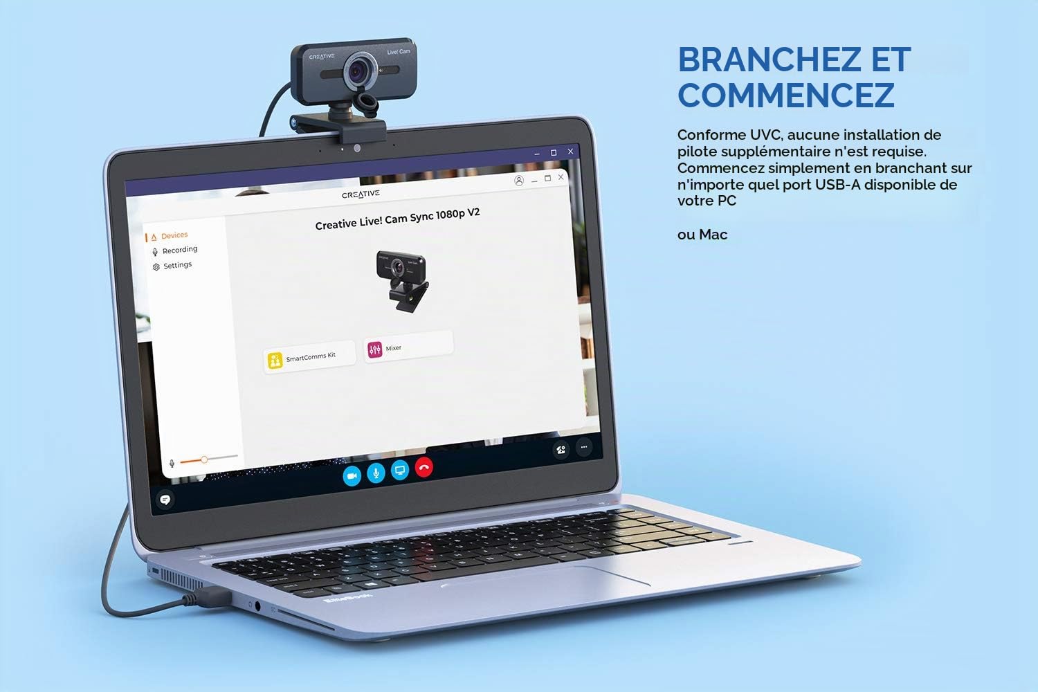 Creative Live! Cam Sync 1080p V2 Webcam USB grand angle avec fonction muet automatique et réduction du bruit pour les appels vidéo, double microphone intégré pour zoom, Skype