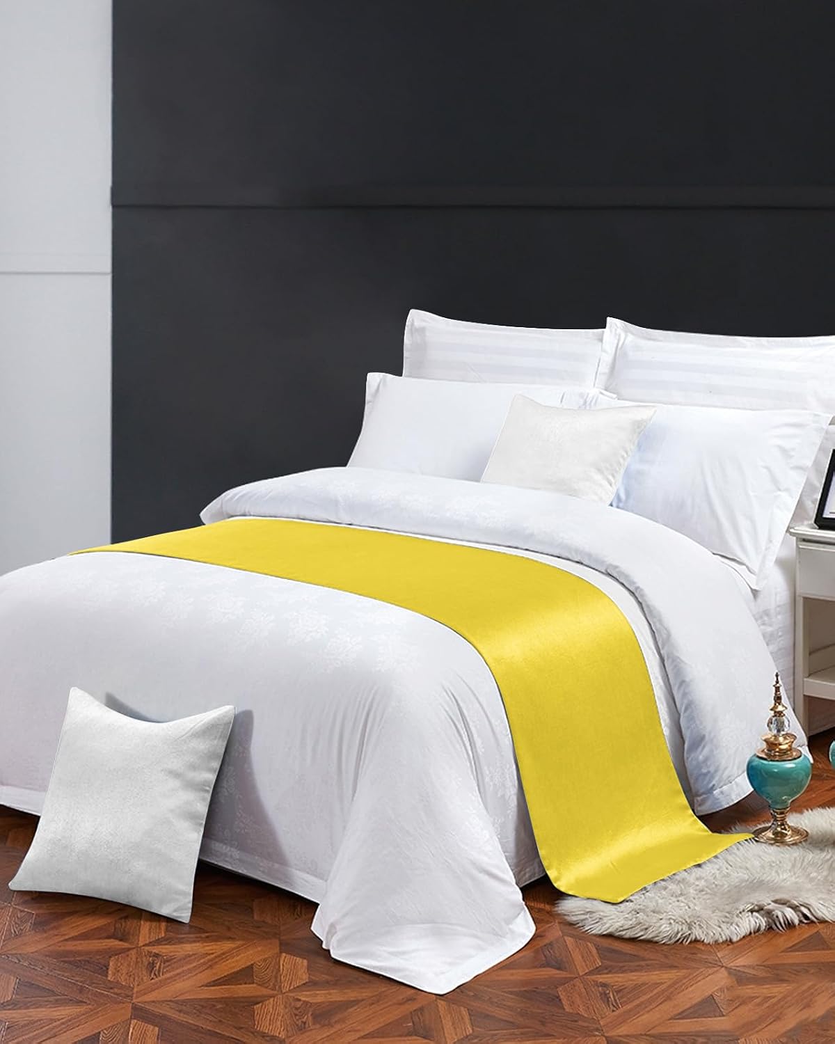 Minimalis Yellow Bed Runner Scarf Cal King Size,Luxury Bed Throw Runners & Scarves for Twin Full Queen King Foot of Bed,Bedroom Wedding Room Decoration,Original Traditional Pure Solid Color 102"x20"