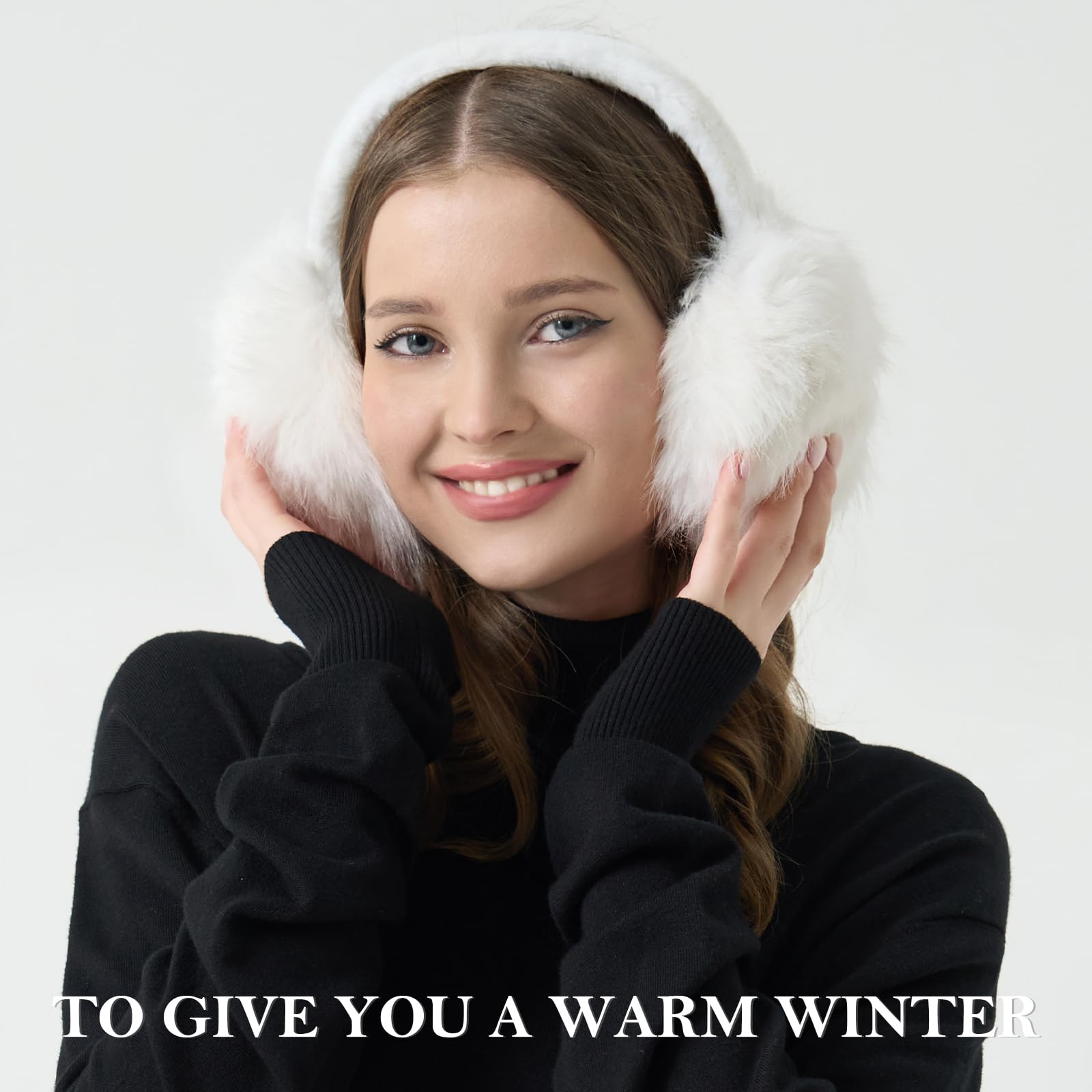 WATAME Earmuffs for Women Girls Faux Fur Fuzzy Headband Foldable Ear Covers Cold Weather Accessory: Black