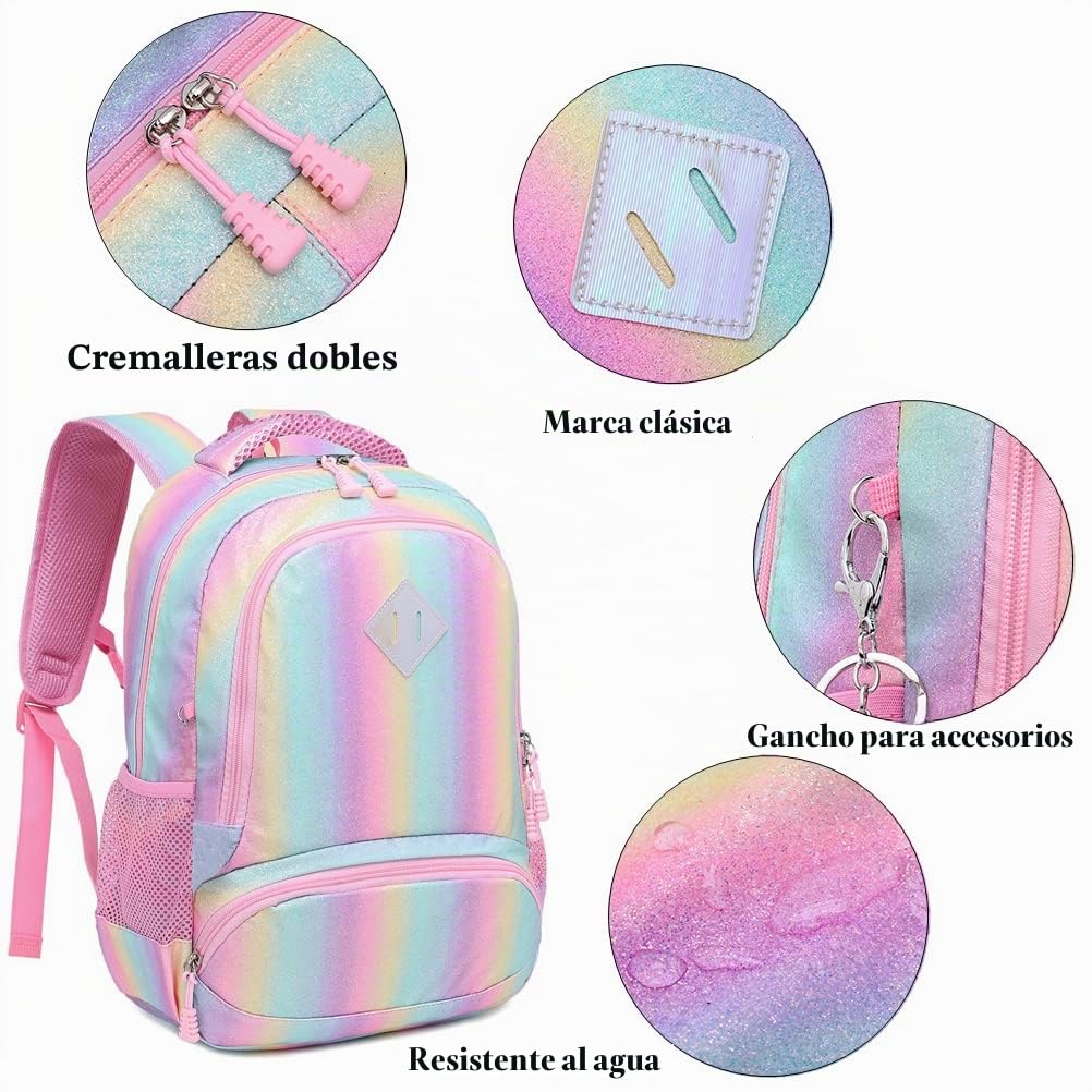 Mochila Escolar Niñas Mochila Arcoiris Chica Mochila Niño Mochilas Infantiles Rainbow Backpack Mujeres Sets de Bolsa 2 en 1 con Estuche - Teenage Girls Daypack para Viajes