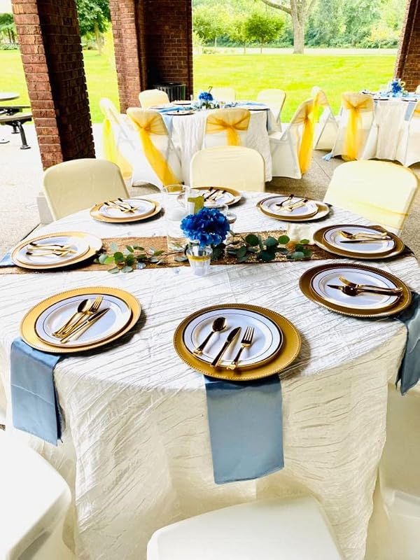 YOUR CHAIR COVERS - 132 Inch Round Crinkle Taffeta Tablecloth - Ivory, Crushed Shiny Dining Table Cloth for Wedding Party Birthday Baby Bridal Shower by YOUR CHAIR COVERS - Image 2