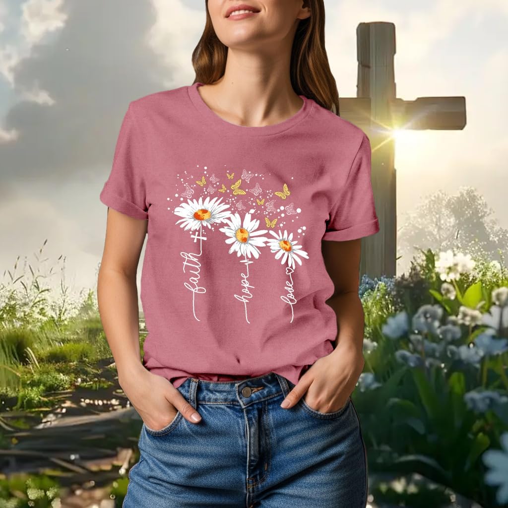 Christian Shirts for Women Daisy Floral T-Shirt Faith Hope Love Tee Butterfly Tops - Image 2