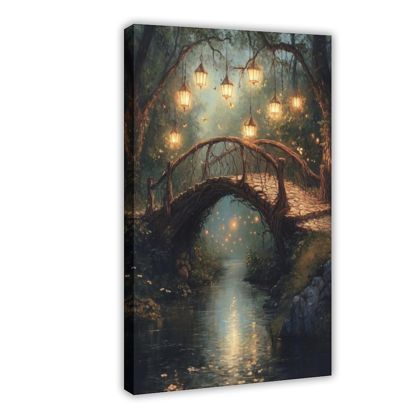 Bareronor Frame Magical Forest Bridge Canvas Poster Bedroom Decor Landscape Office Room Decor Gift 16" L X 24" W