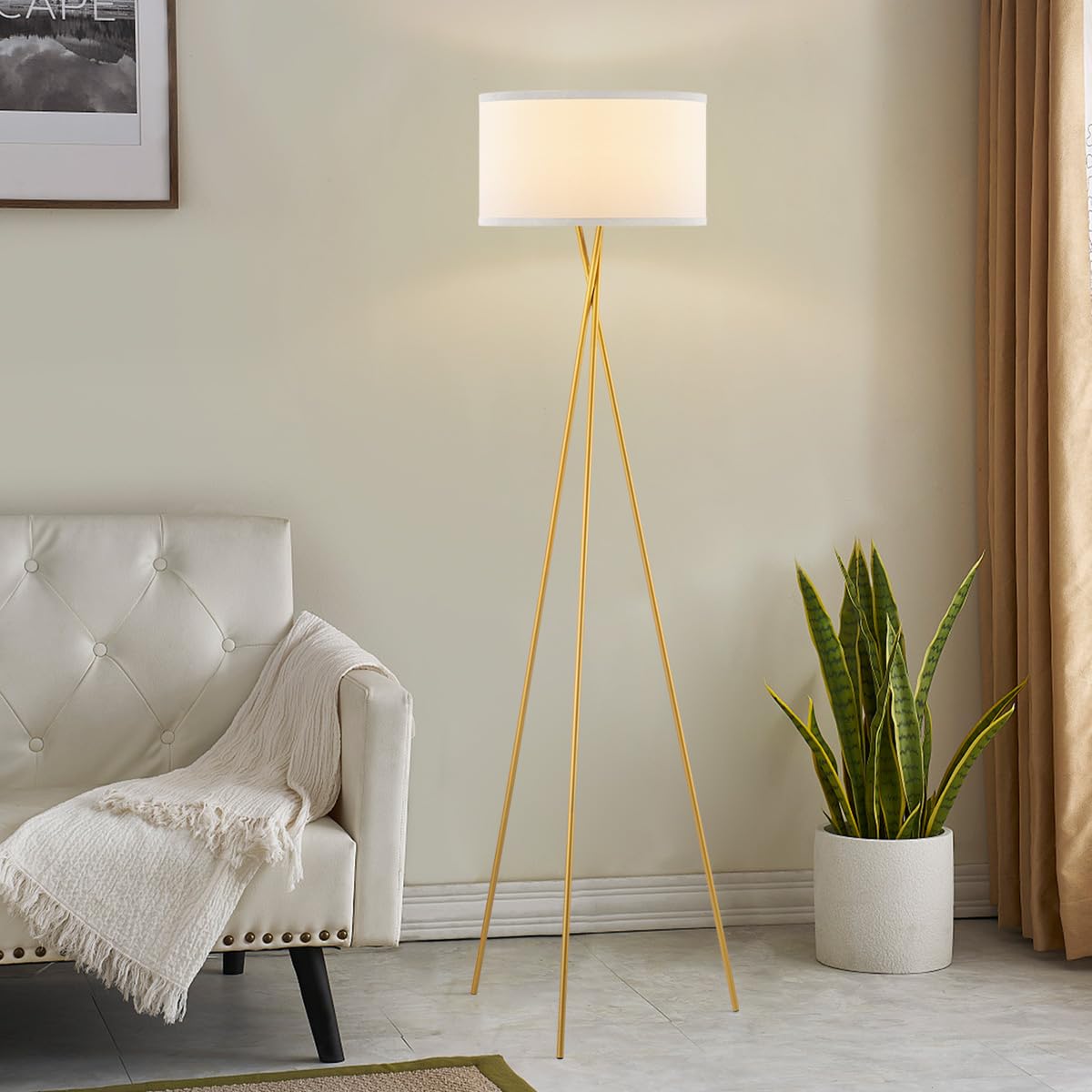 HSH lámpara de pie dorada para salón Tripod - 138 cm lámpara de pie de metal con pantalla de tela blanca - bombilla LED E27 4W (2700K) - lámpara de pie moderna de trípode para dormitorio y oficina