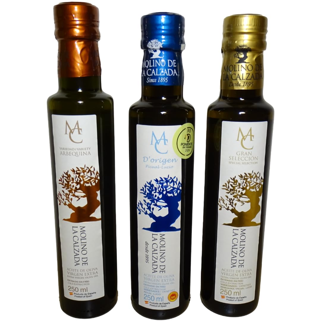 Coffret Cadeau - Huile d'Olive Vierge Extra Premium, Extraction à Froid, 3x250ml : D'Origen Picual-Lucio, Sélection Spéciale Picual-Lucio-Arbequina, Arbequina - Huile d'Olive Espagnole