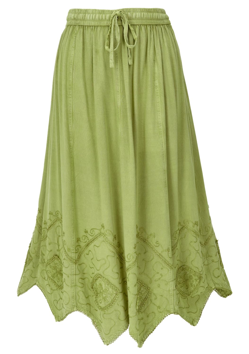 Bestickter Boho-Hippie-Rock, Zickzack-Maxirock, Sommer, Sand | Weit geschnitten, elastischer Bund, Kordelband, gezackter Saum, 100% Viskose, ideal für Sommeroutfits.