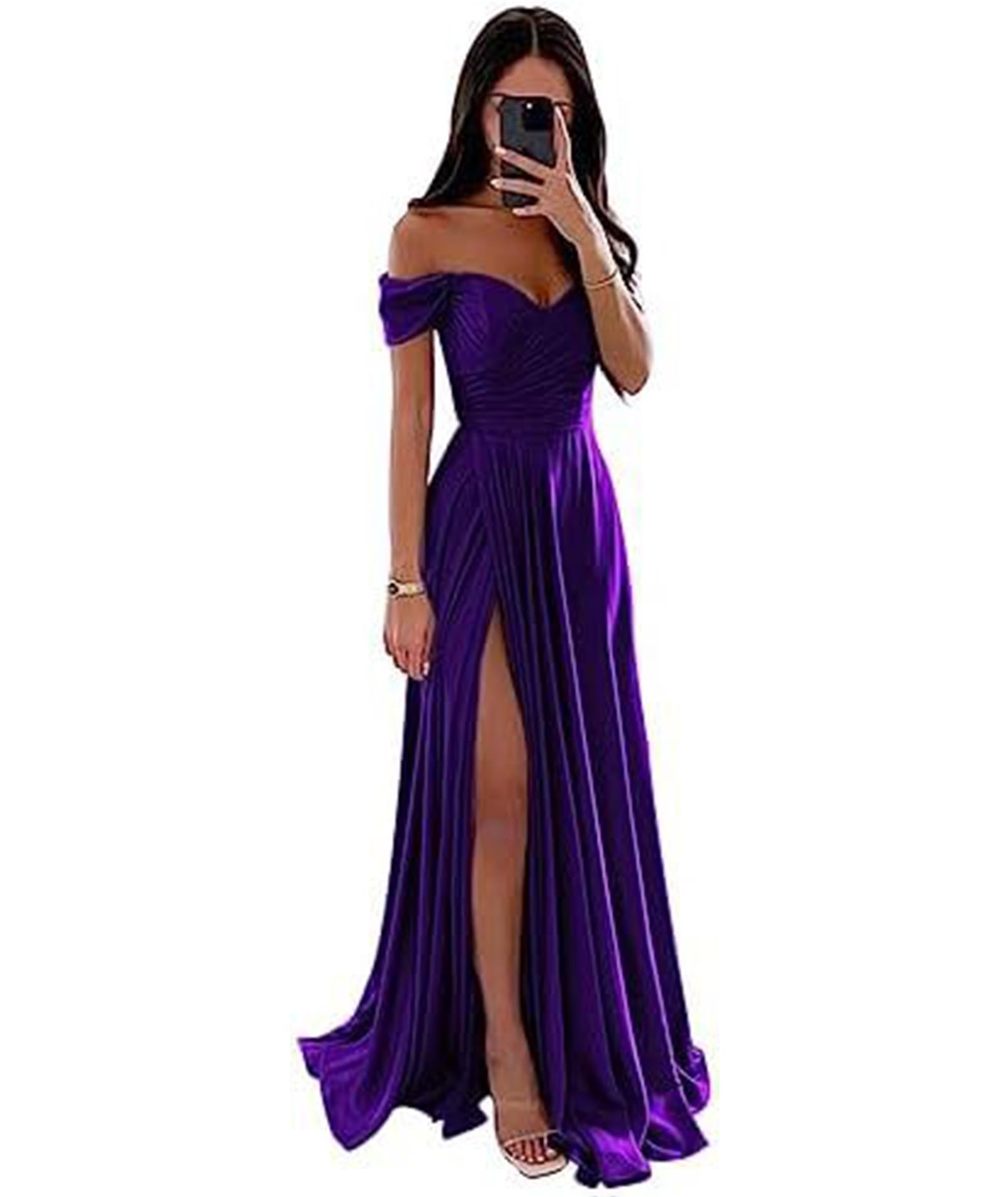 ECDAHICC Schulterfreies Brautjungfernkleid Für Damen Satin Langer Schlitz Elegantes Formelles Abendkleid A-Linie Hochzeits und Partykleid