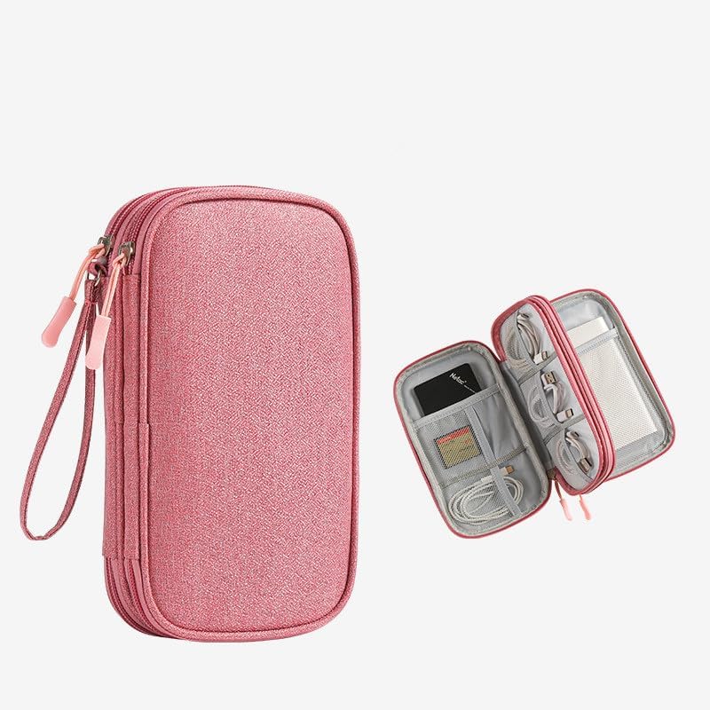 Double Layer Electronics Organizer Travel Case, Portable Cable Charger Storage Bag with Wristlet, Waterproof Accessories Pouch for Power Bank, USB Drive, Earphones, Hard Drive, 11x20x4.5cm (pink)