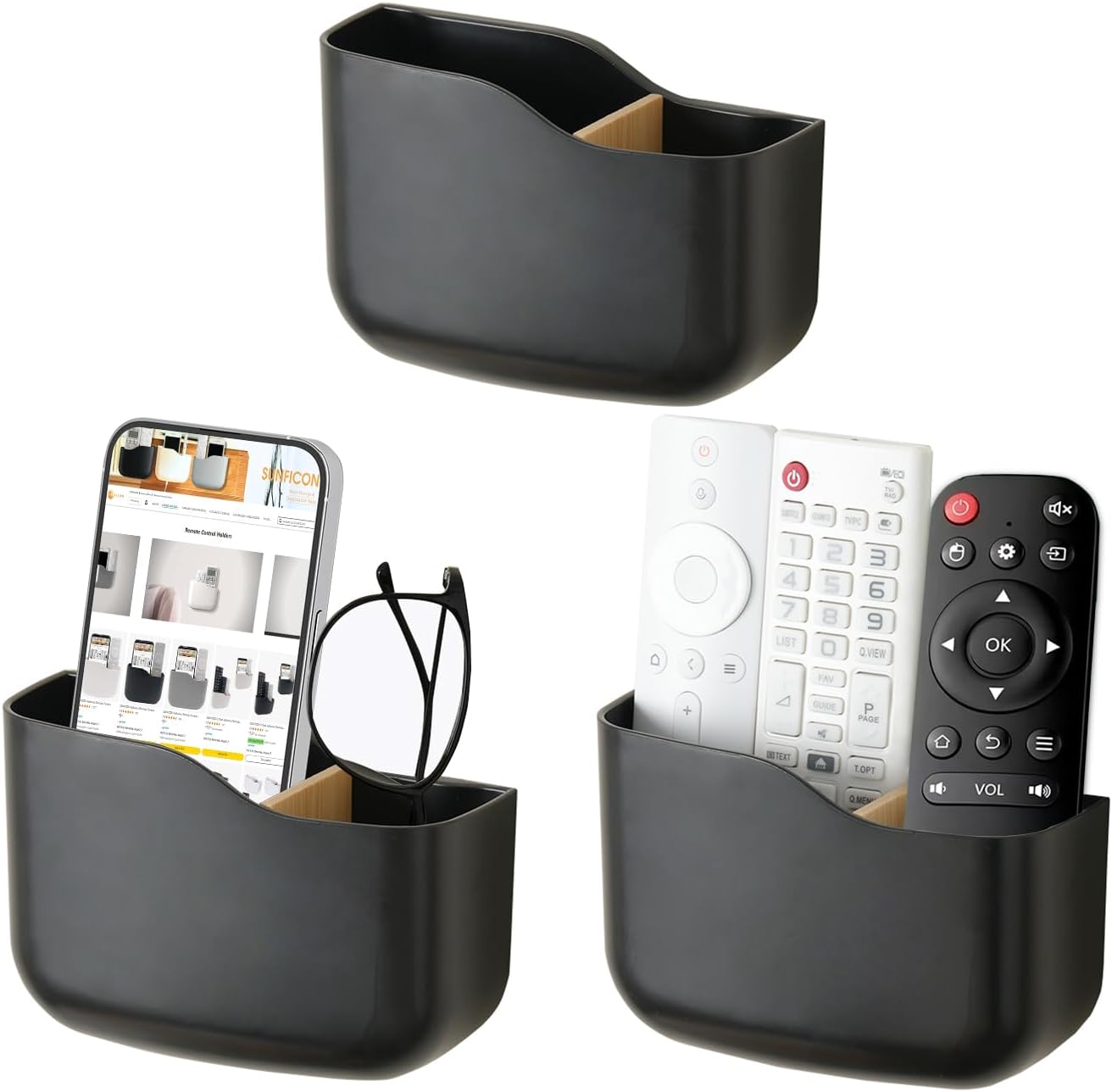 SUNFICON Wall Mount Remote Holder TV FAN Remote Control Holder Bedside Caddy Wall Organizer Phone Holder for Office Adhesive Media Player Controller Holder Box Tray Home Desk Nightstand 3 PACK BLACK