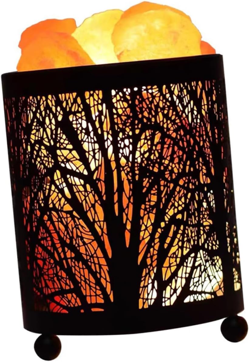 Angoily Himalayan Salt Night Light Table Lamp with Metal Basket Base Carved Forest Shadow Accent Lamp for Bedroom and Living Decor Indoor Nightstand Plug Unique Handcrafted Design