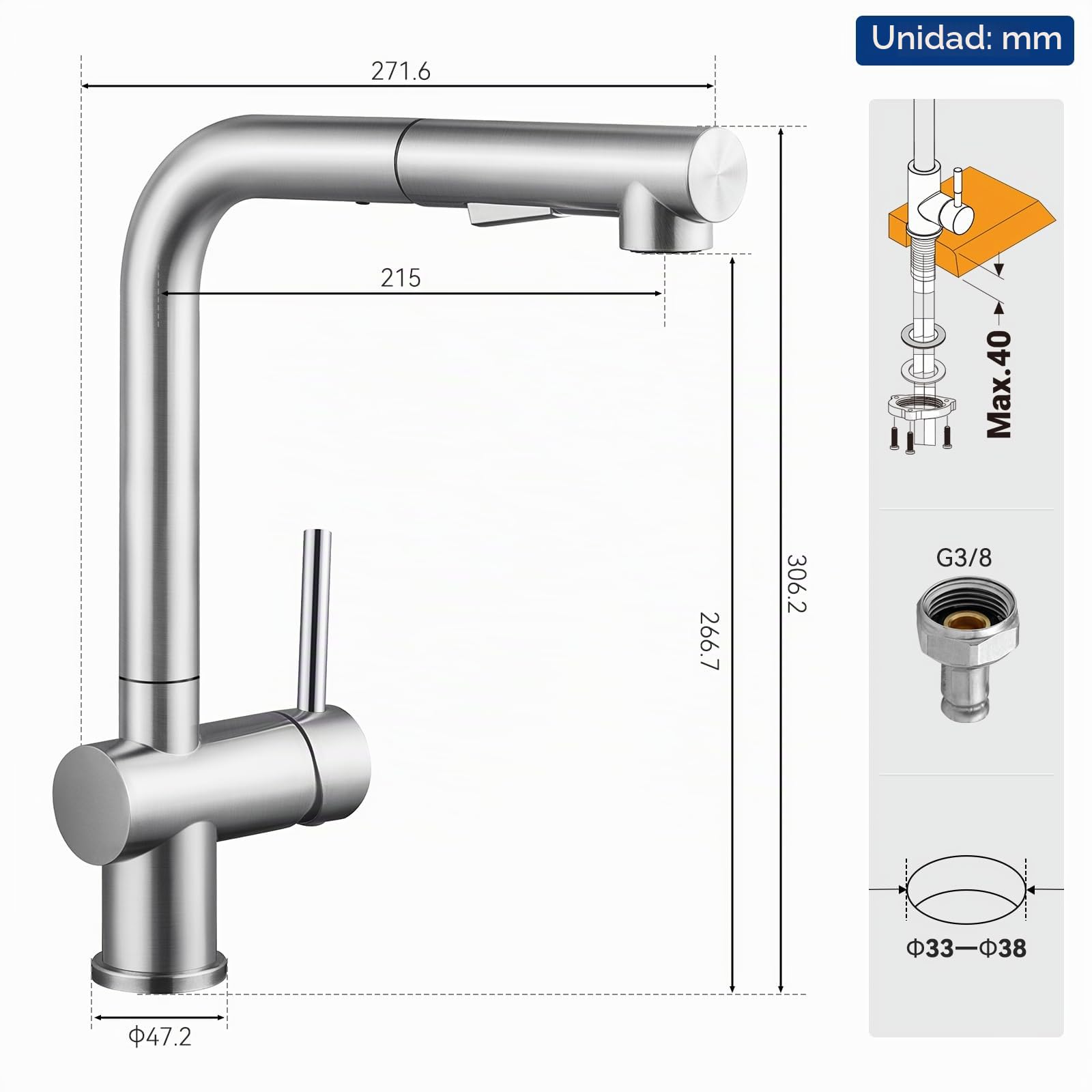 CECIPA Grifo Cocina Extraíble con Ducha, Mezclador Fregadero Giratorio 360°, Acero Inoxidable Cepillado, Compatible con Fregaderos Simples o Dobles