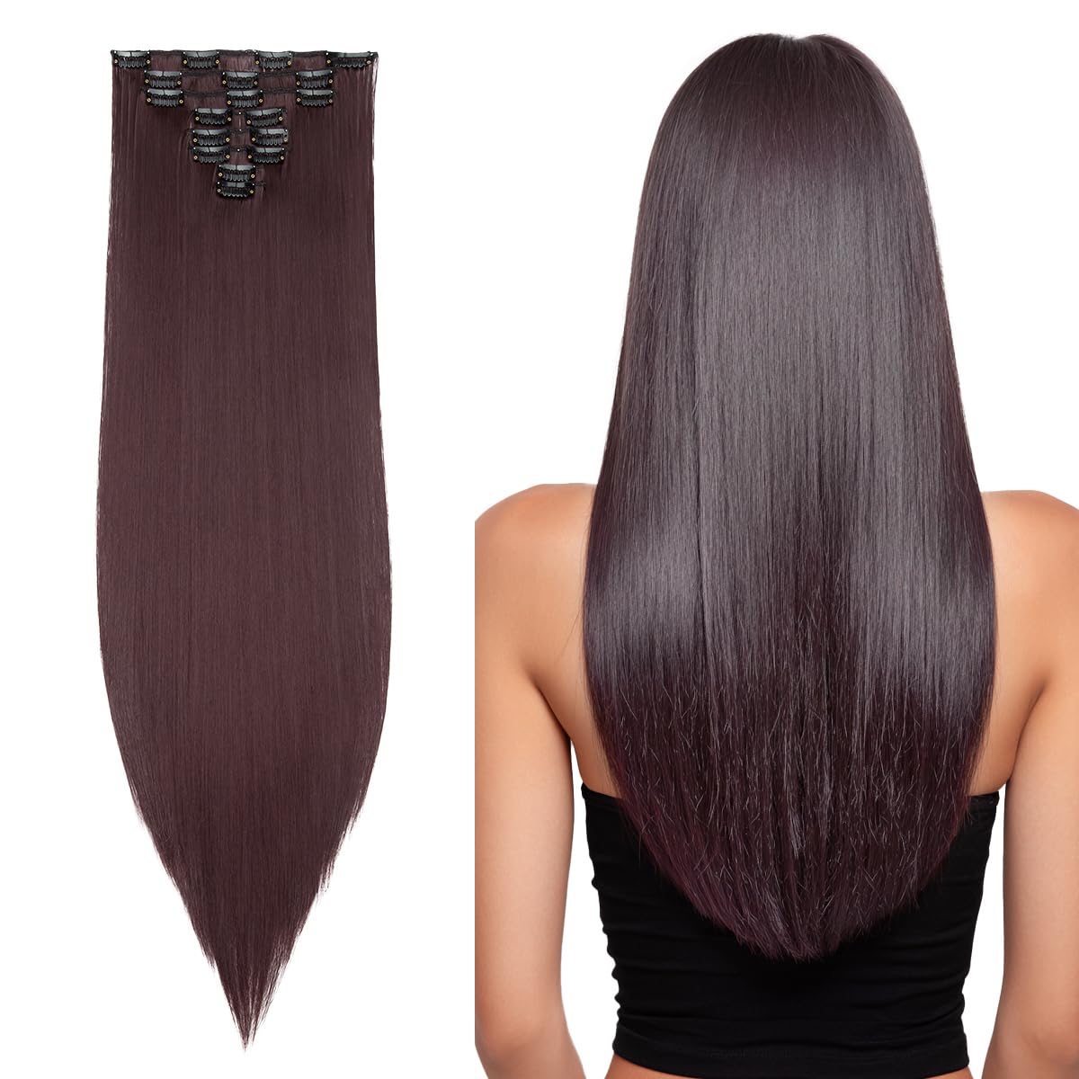 SEGO Pro Clip in Hair Extensions 8 Pcs 18 Clips Full Head Synthetic Fiber Hair Pieces for Women Straight 26 Inch (Wine Red)