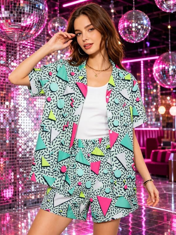 80s 90s 2 Piece Outfits for Women Retro Theme Party Disco Matching Sets Neon Button Down Top and Shorts Sets