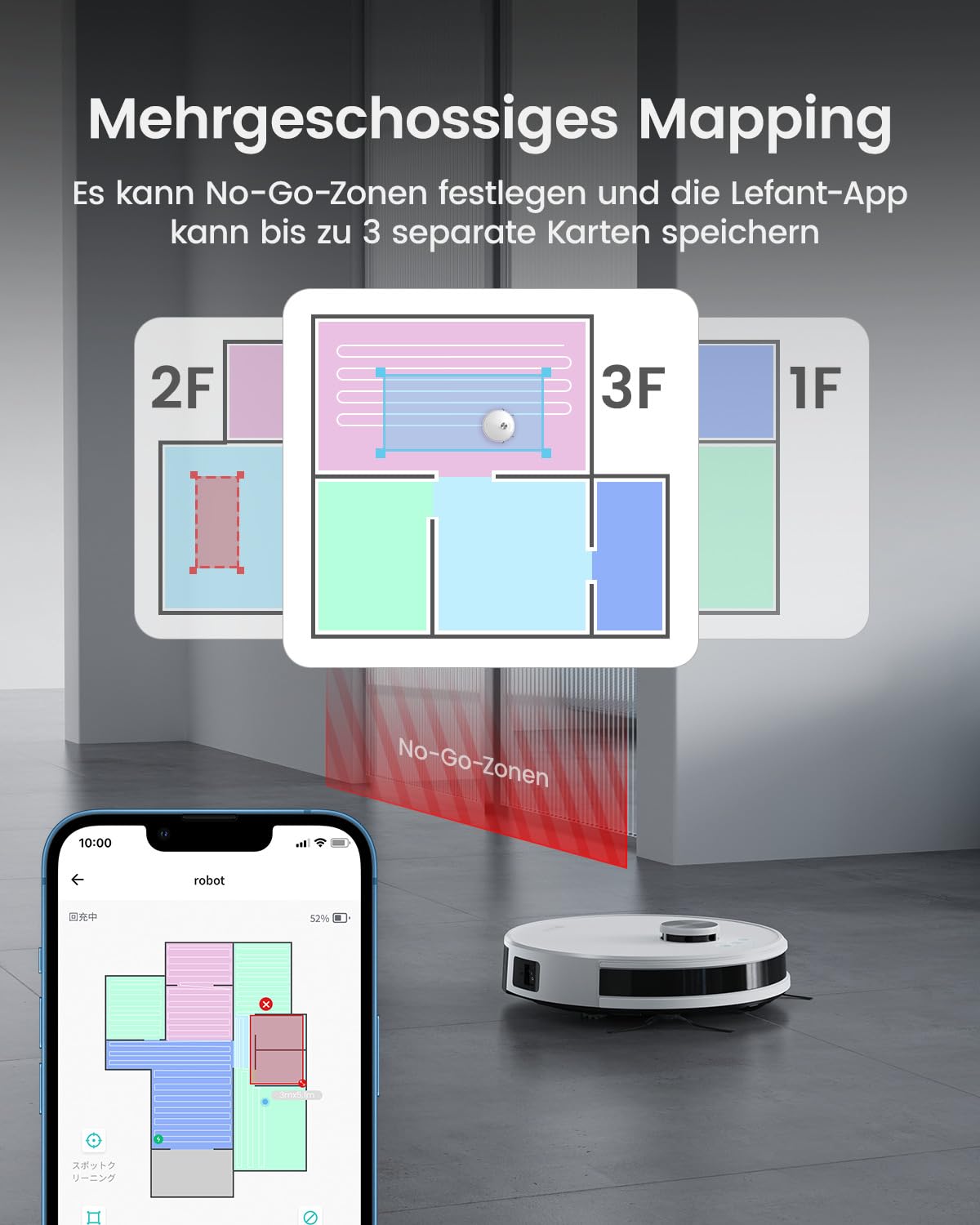 Lefant Saugroboter mit Wischfunktion M1, 4000Pa Saugleistung Staubsauger Roboter 200min Laufzeit, Mehrstufiges Mapping, No-Go-Zonen, Saug und Wischroboter für Tierhaare, Teppiche und Hartböden