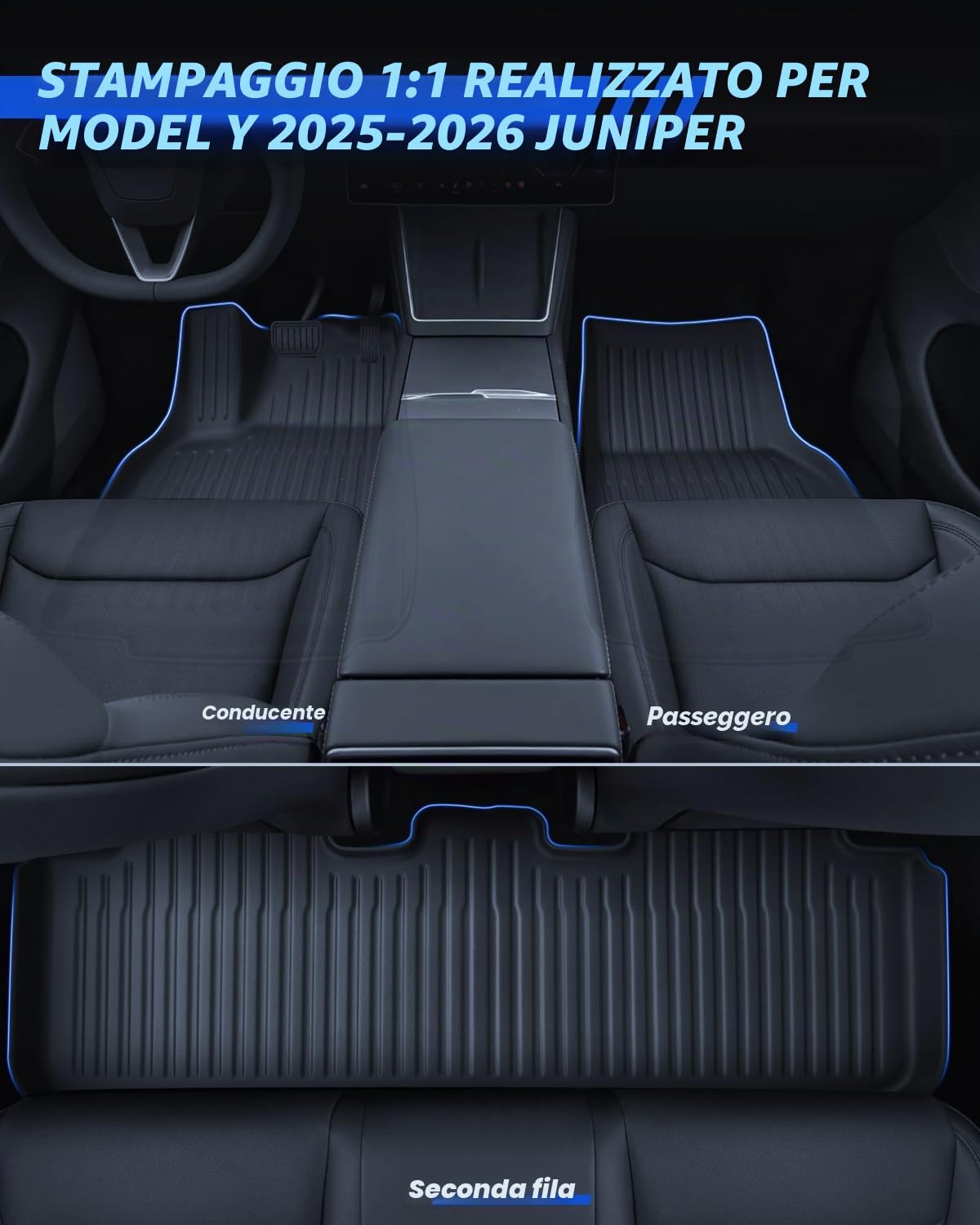 Tappetini 9 Pezzi per Tesla Model Y 2025-2026 Premium/Performance TPE per Tutte le Stagioni 3D con Alto Bordo Antiscivolo Impermeabile Tappetino per Bagagliaio e Poggiatesta