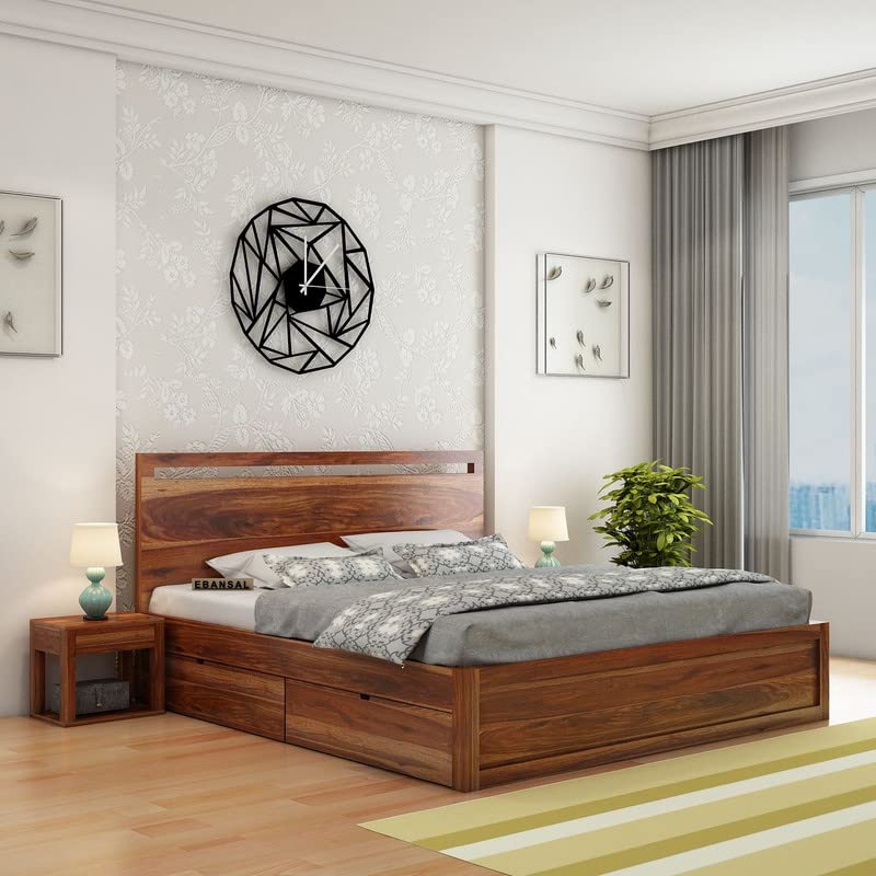 Image of Solid Sheesham Wood King Bed with Storage 4 Drawer Single Cut Design for Bedroom - Honey Finish