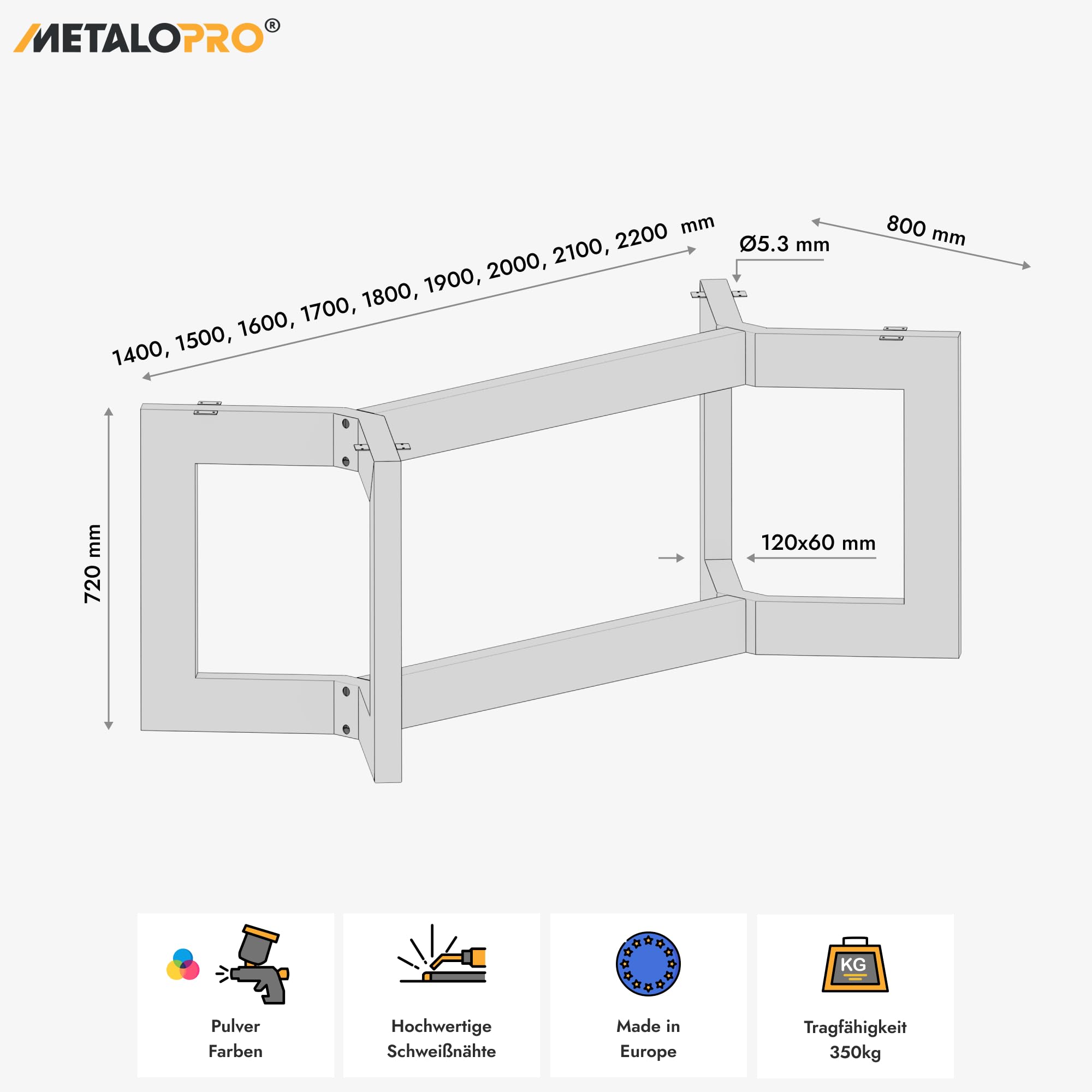 Struttura Tavolo Barax Extreme Acciaio 220x80x72 cm – Telaio Minimalista Robusto Esstisch Sala da Pranzo Design