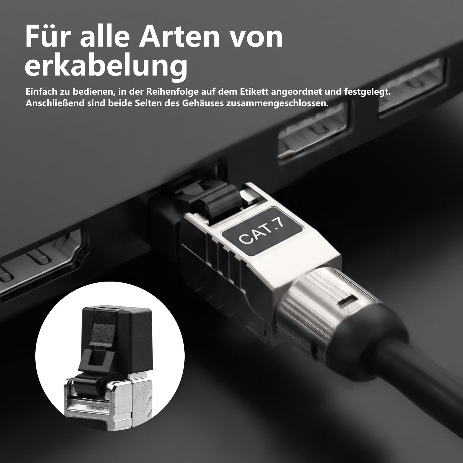 HOSPAOP Cat 7 RJ45 Stecker 10 Gbps Werkzeuglos – Netzwerkstecker Cat7 STP Vollgeschirmt, RJ45 Stecker für Verlegekabel AWG 22–24, LAN Stecker Vergoldet, Kompatibel mit Cat 6A 6, 8 Stück