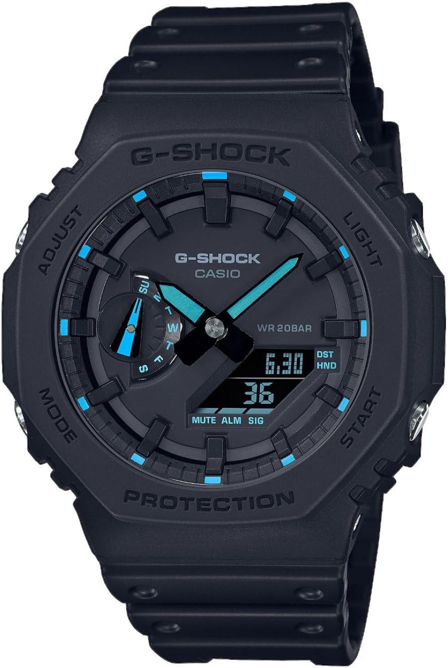 G-Shock Quartz Watch with Analogue Digital Display, Blue Resin Case, Plastic Strap, 200 Metres Waterproof Rating, Long Battery Life, Model GA-2100-1A2ER