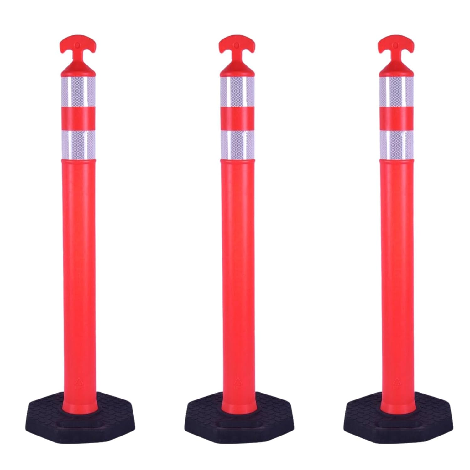 Reflective Rubber Base Traffic Delineator Post - Heavy-Duty Safety Bollards for Parking Lot Markers, Road Construction, Driveway Warning - with Reflective Strips (3 Pack - 42 Inch)