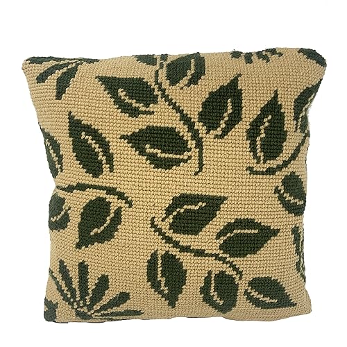 Kit de bordado medio punto o punto de cruz. Cañamazo impreso de 40cm x 40 cm para realizar un cojín. Incluye tela, lana y aguja de tapicería. Diseño Floral. (Marrón/Verde)