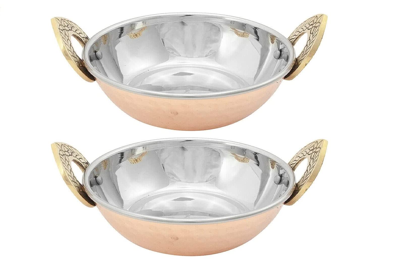 Nobel Balti Serving Dish, Hammered Polished Copper & Stainless-Steel Inner Layer Kadai for Currys Meal Double Insulated Dishes- Set of 2 (15 cm (6 Inches))