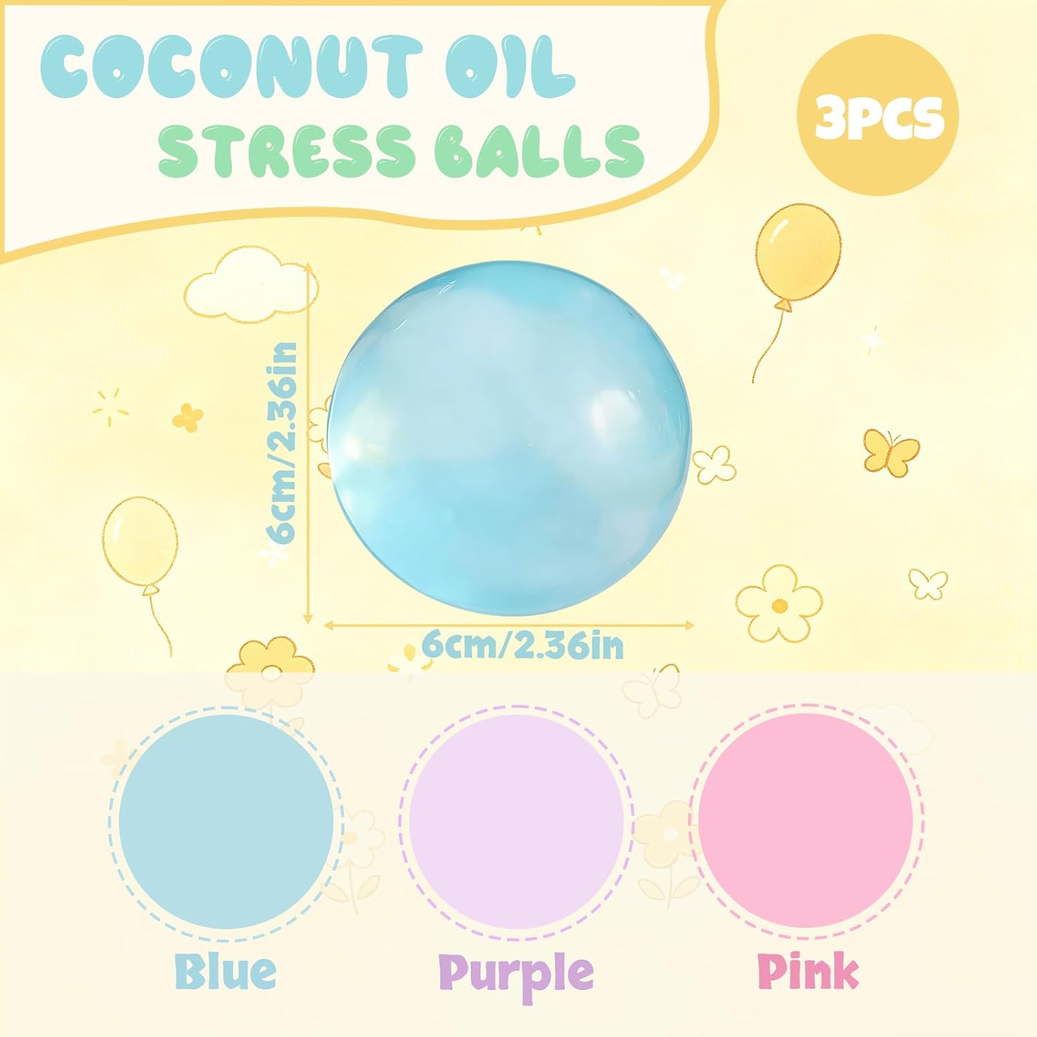 3Pcs Coconut Oil Squishy Stress Balls 2.36in Large Moldable Squeeze Balls Sensory Fidget Toy for Anxiety Relief Party Favors Gifts