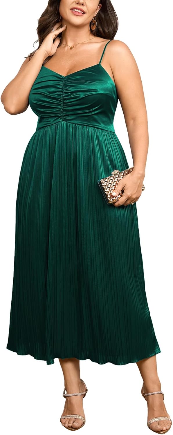 SCOMCHIC Women's Plus Size Dress Pleated V Neck Sleeveless Spaghetti Strap A Line Cocktail Party Cami Long Maxi Dress
