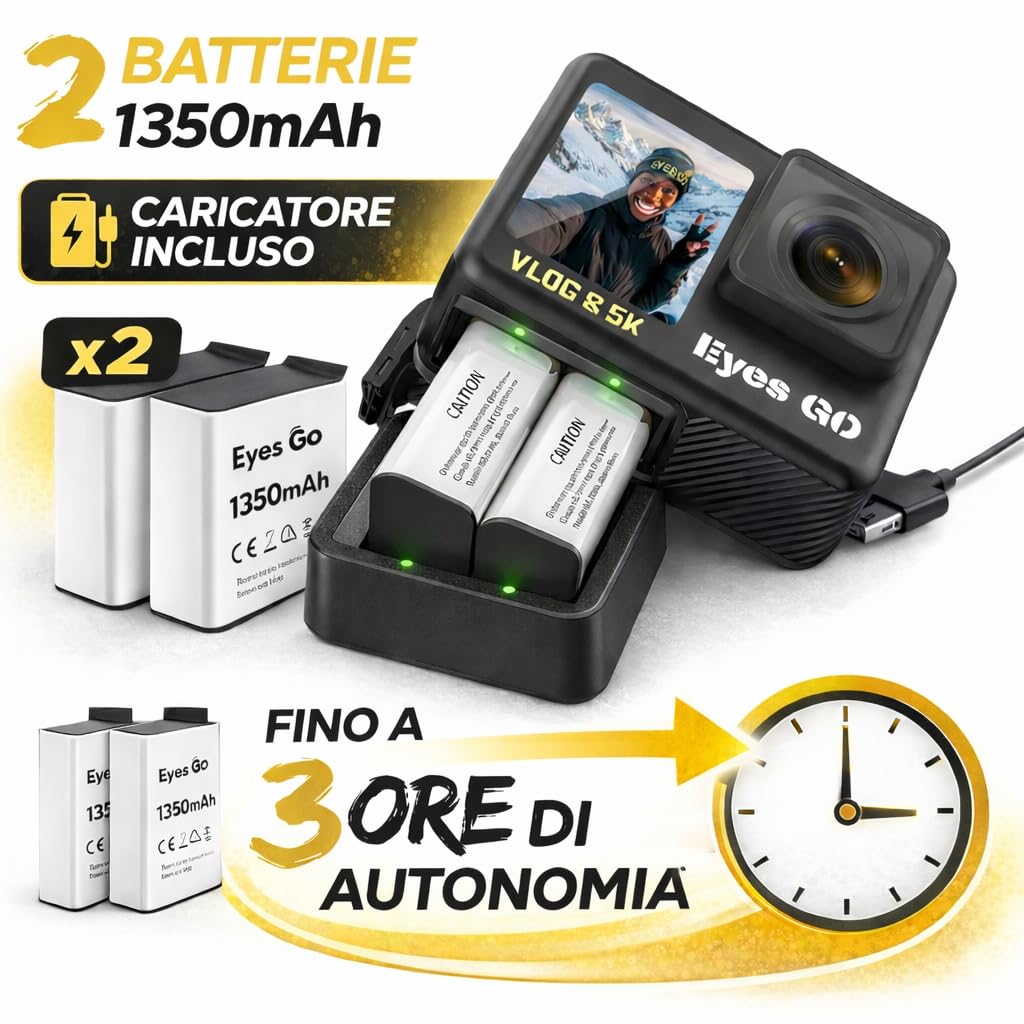 Marca FRANCESE 31 Accessori Fotocamera Sport 5K30fps 4K60FPS 120FPS Foto 50MP 2 Schermi Touch Vlog Telecomando Micro 360° Stabilizzatore E.I.S 2.0 Impermeabile 30M Scheda SDXC 64GO 2 Batterie