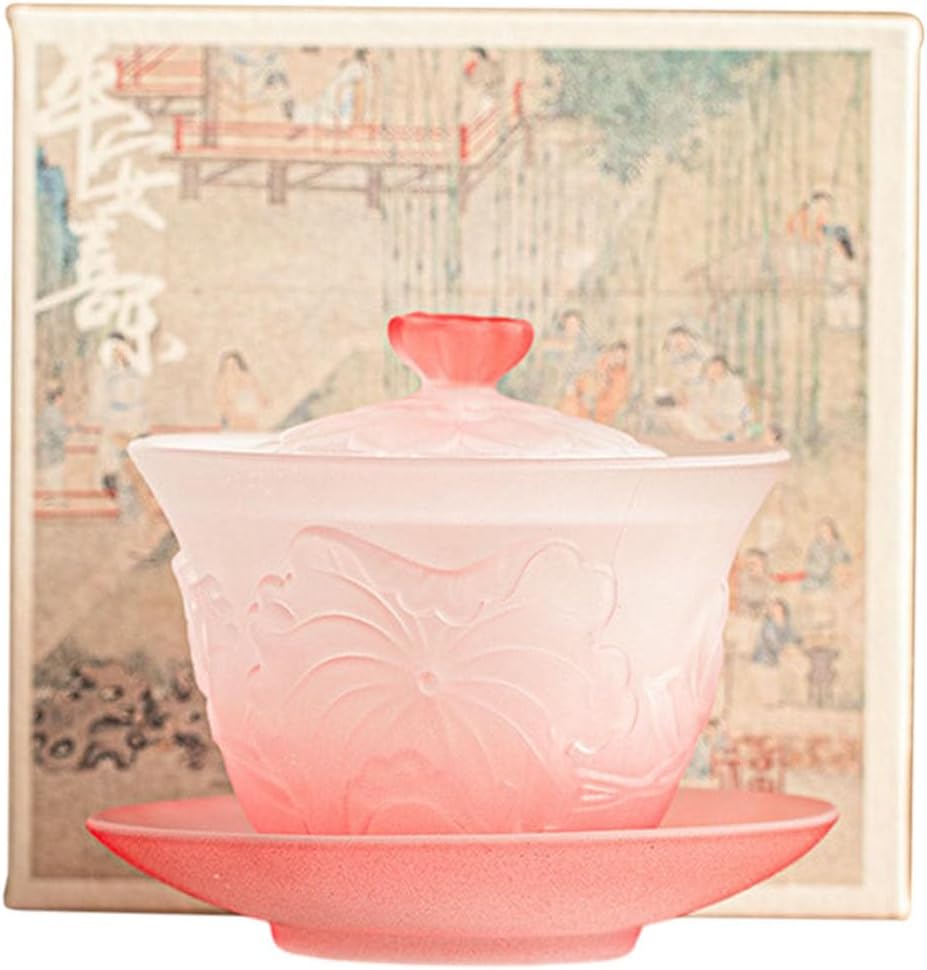 120ml/4oz Flower Gradual Change Three Talent Gai Bowl, Glass Home Tea Bowl with Cover - Three Talent Gai Bowl Glass Powder [Box]