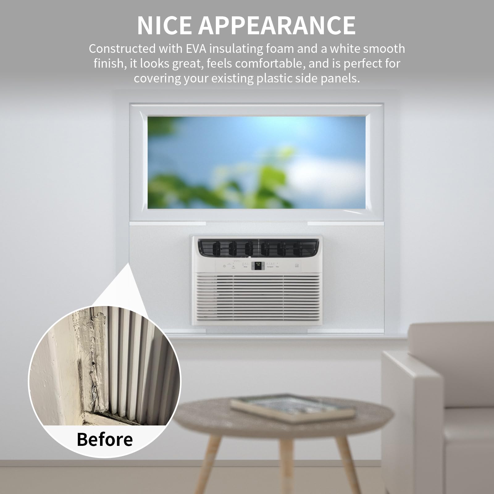 Aire acondicionado de ventana, panel de espuma aislante lateral KT002WHITE, aislamiento térmico y corrientes de aire de verano e invierno, paneles de aislamiento envolvente completo de una pieza con 4