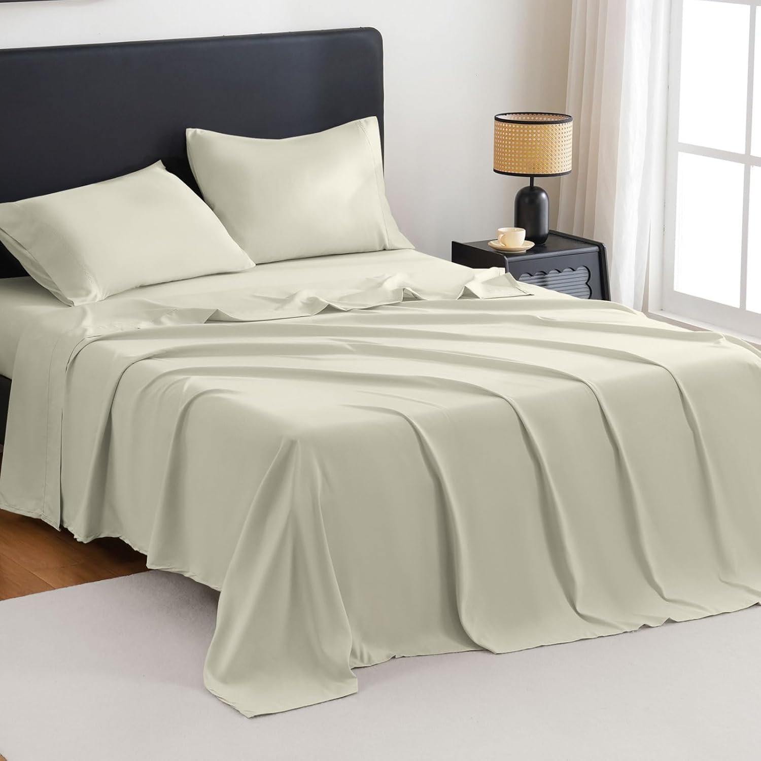 MCO Breathable Bed Sheets Set - Rayon Derived from Bamboo Sheets - Cool Bedding Set with 16" Deep Pocket (4 Pcs, Queen, Off White)