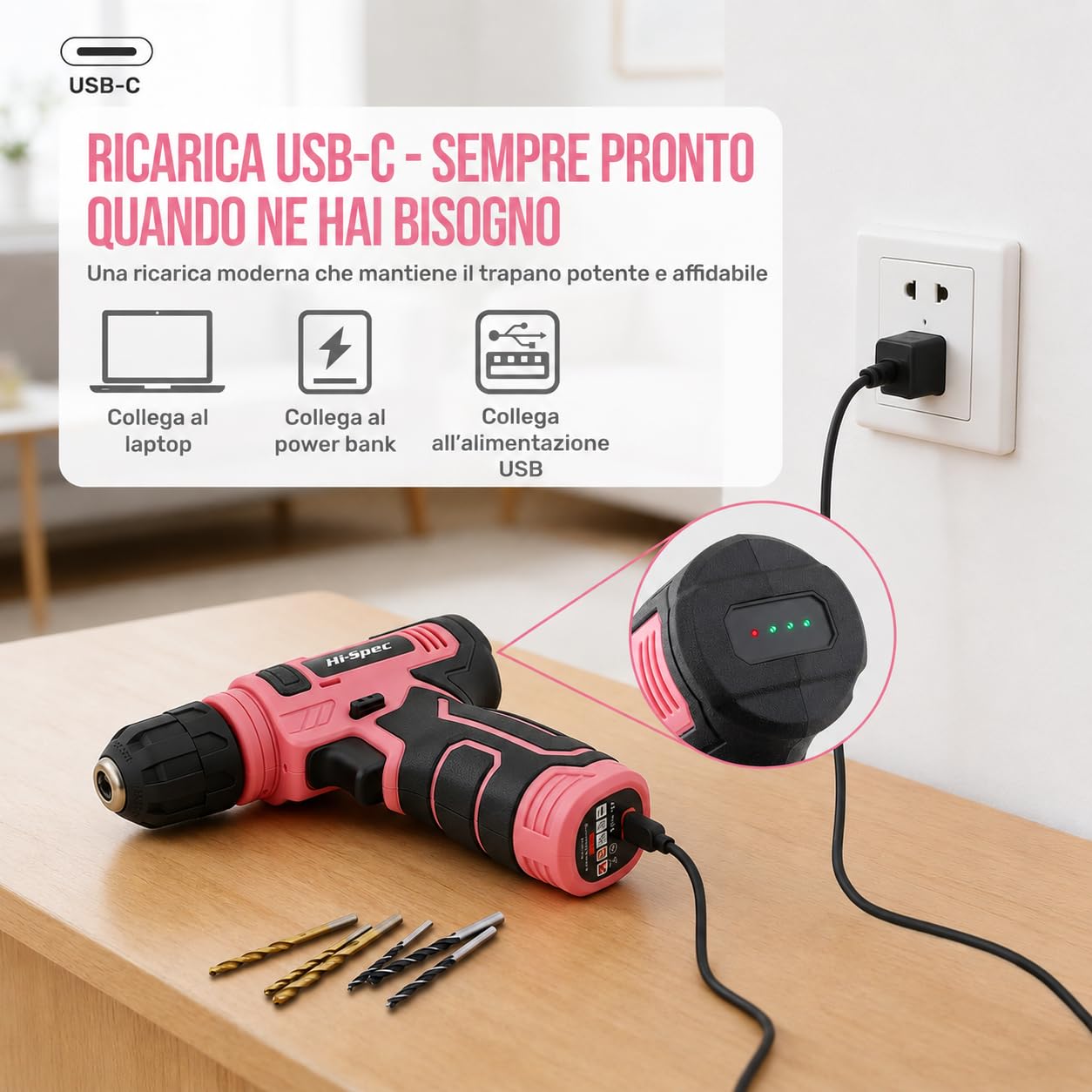 Hi-Spec Set Attrezzi Rosa con Trapano 8V. Kit Completo Trapano Elettrico Ricaricabile USB Senza Fili per Donne, Riparazioni e Manutenzione Domestica Fai-da-Te, in Valigetta Compatta